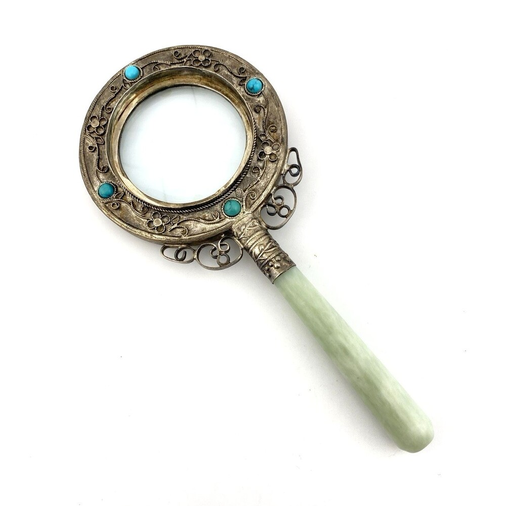 Chinese Export Magnifying Glass Green Stone Handle Silver Turquoise 2x 3x